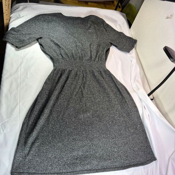Liz Claiborne Gray Silver Metallic Sparkle Faux Wrap V-Neck Sweater Dress Medium - Picture 7 of 12
